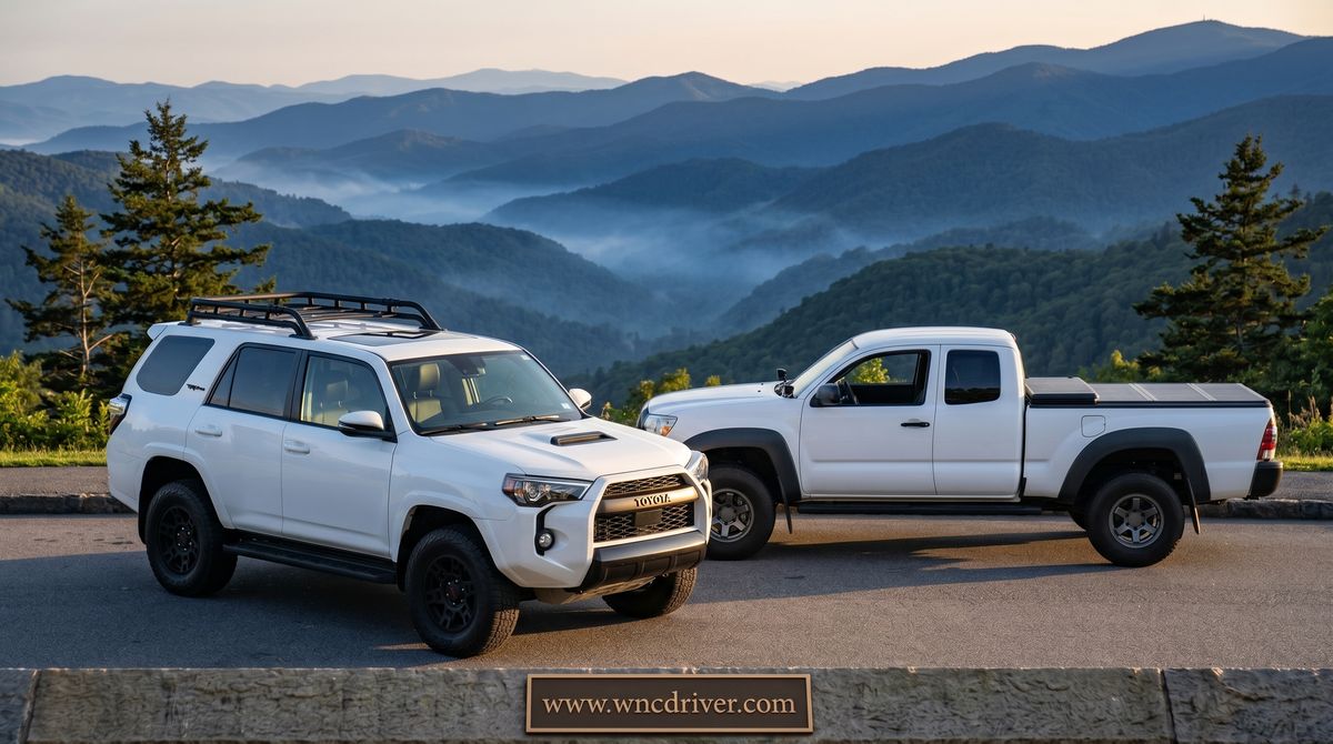 WNC Private Driving Service Toyota 4Runner and Tacoma parked at a Blue Ridge Mountains overlook near Franklin, NC